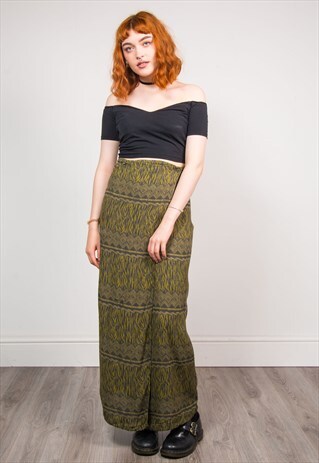 90'S VINTAGE GREEN PATTERN WRAP AROUND GRUNGE MAXI SKIRT