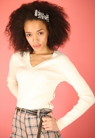 VINTAGE 90S Y2K BURBERRY BEIGE RIB JUMPER TOP W CHECK TARTAN