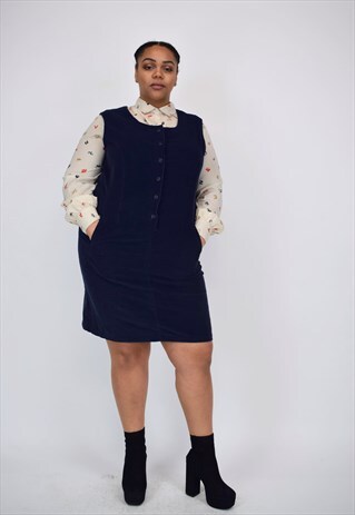 VINTAGE 90'S NAVY CORDUROY PINAFORE DRESS WITH BUTTONS