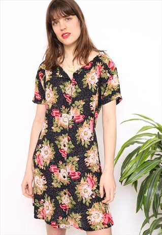VINTAGE 90S DARK FLORAL PRINT MINI DRESS