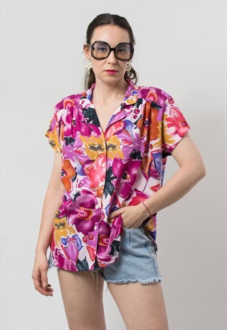 VINTAGE 80'S FLORAL BLOUSE IN PAINTING MULTI COLOUR