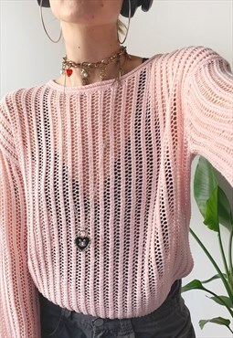Preloved Y2K 00's Pastel Pink Kawaii Fishnet Sweater Jumper