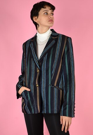 VINTAGE 90S BLAZER BLACK WITH BLUE GREEN BROWN STRIPES