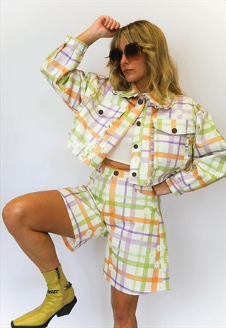 JUNGLECLUB GINGHAM CROP JACKET WITH FRILLED COLLAR 