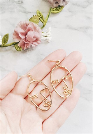 GOLD ABSTRACT PORTRAIT FACE ART DECO EARRINGS