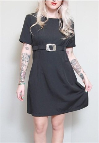 VINTAGE 1960'S BLACK BELTED MINI SHIFT DRESS
