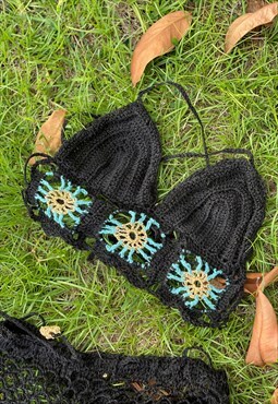 Exclusive Soleil crochet top black linen
