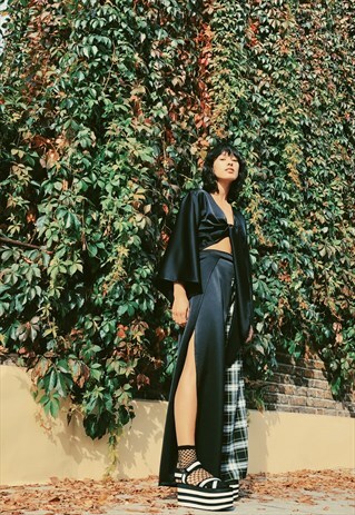 GREEN TARTAN & BLACK SATIN SIDE SPLIT TROUSERS