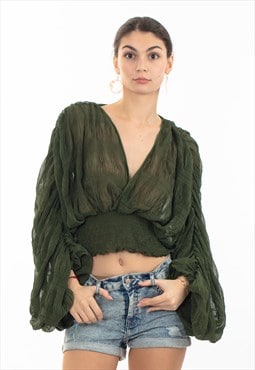 Elaticated body and sleeves oversized top in Khaki Green