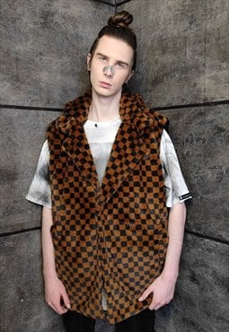 Chequerboard fleece gilet handmade hoodie check jacket brown
