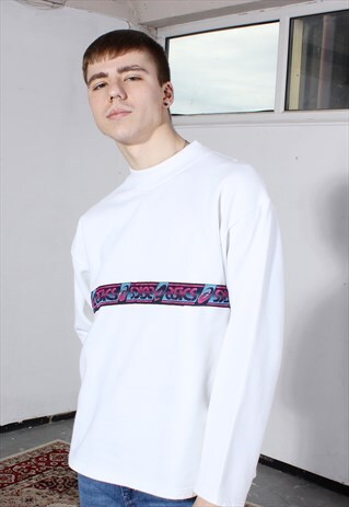 VINTAGE ASICS WHITE SWEATSHIRT WITH BRANDED TAPING