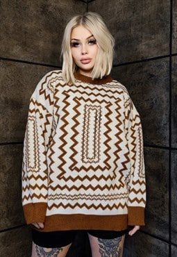 Geometric sweater knit retro stripe jumper zigzag top brown