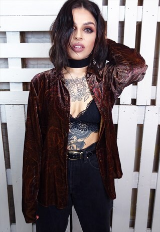VINTAGE 90'S VELVET PAISLEY BUTTON UP LONG SLEEVED SHIRT