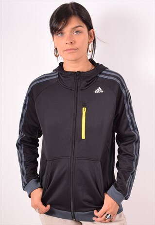 ADIDAS WOMENS VINTAGE HOODIE JACKET LARGE BLACK 90S