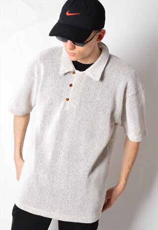 VINTAGE 80S WHITE BEIGE 1/3 BUTTON MESH THICK SHIRT