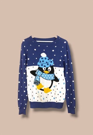 VINTAGE  JUMPER PENGUIN SNOW IN BLUE M