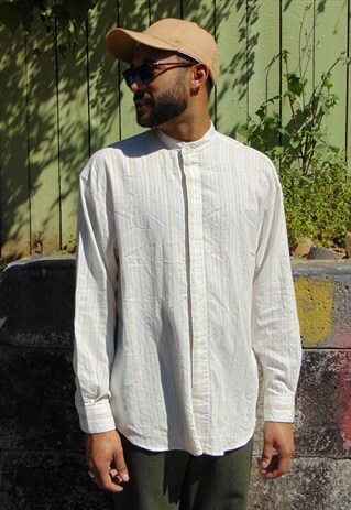 90S VERTICAL STRIPE LINEN BLEND ROUND COLLAR SHIRT LARGE
