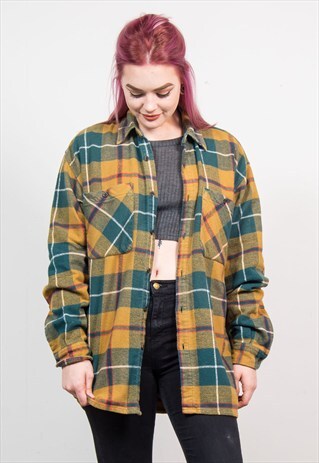 90'S VINTAGE GREEN CHECK OVERSIZE FLANNEL SHIRT