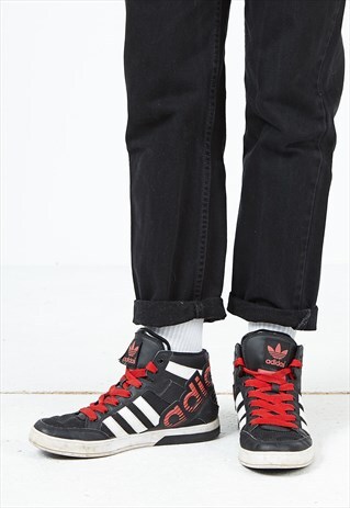 VINTAGE BLACK RED ADIDAS LEATHER HI-TOPS TRAINERS