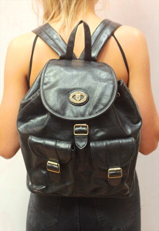 1980S VINTAGE JET BLACK WITH GOLD REAL LEATHER BACKPACK