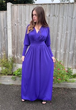 70's Vintage Purple Batwing Ladies Long Sleeve Maxi Dress