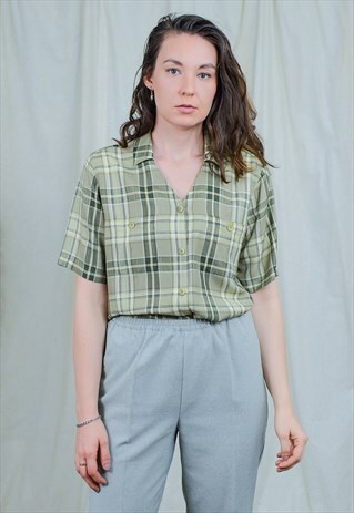 GREEN CHECK SHIRT SHORT SLEEVE CHECKERED TOP LINEN BONITA L