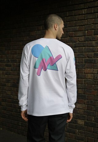 LONG SLEEVED T-SHIRT WHITE COLOURFUL 90S GEOMETRIC PRINT