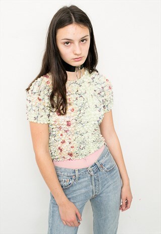 VINTAGE POPCORN TOP PASTEL GREEN COLORFUL TIE DYE FLORAL