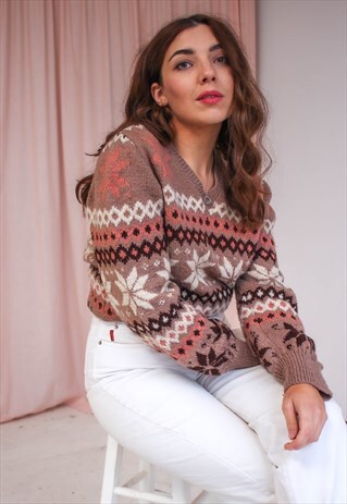 VINTAGE 80S FAIRISLE KNIT JUMPER IN CARAMEL