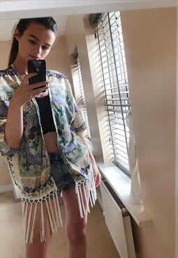 Floral print cotton kimono cardigan with long fringes