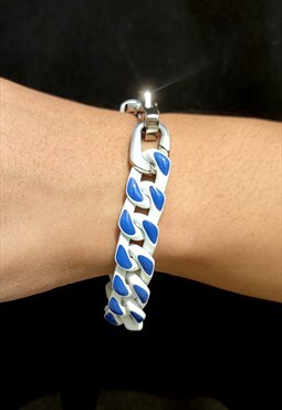 13mm White / Blue Cuban Bracelet Chain Steel 21CM