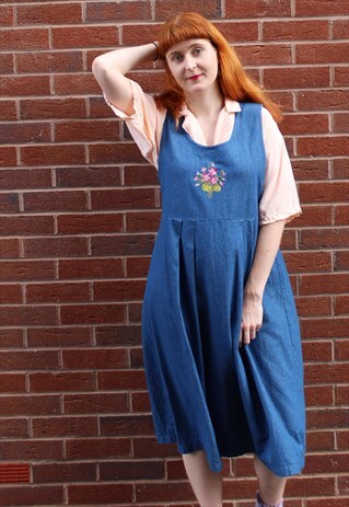 VINTAGE 90S DENIM PINAFORE DRESS WITH PINK FLORAL EMBROIDERY