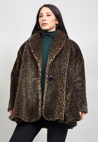 VINTAGE 60'S LEOPARD OVERSIZED FAUX FUR A-LINE COAT