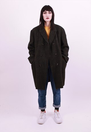 VINTAGE 60'S GREEN & BLACK UNISEX GRANDAD OVERCOAT SIZE L