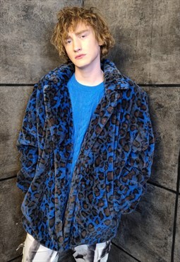 Leopard fleece coat handmade 2in1 tie-dye trench jacket blue