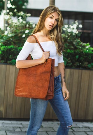 ORANGE LEATHER CITY SHOPPER TOTE