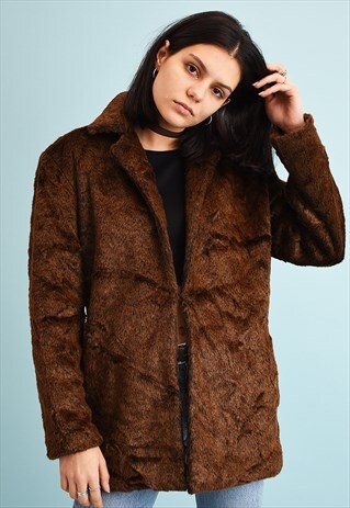 VINTAGE 80'S RETRO FAUX FUR BROWN COAT