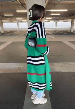 Green Knit Stripe Long Cardigan