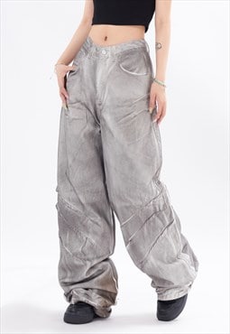 Grey oil wash jeans dirty denim trouser ripped rave pants