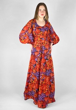 70's Black Red Floral Retro Bell Sleeve Vintage Maxi Dress
