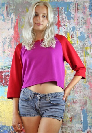 COLOUR CLASH RED N PINK RAGLAN TOP