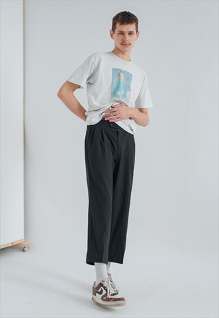 VINTAGE RELAXED FIT FRONT PLEATED WIDE LEG CROP TROUSERS