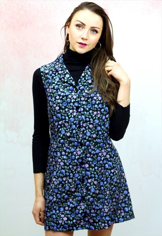 1990S VINTAGE BLUE WITH LILAC FLORAL BUTTON UP MINI DRESS