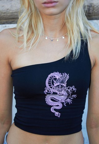 DRAGON PRINTED ONE-SHOULDER TOP - BLACK