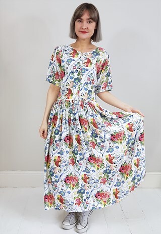 VINTAGE 90'S WHITE FLORAL BUTTON MIDI DRESS