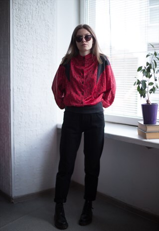 VINTAGE 80'S RED PATTERNED HIGH COLLAR TOP