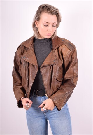 WOMENS VINTAGE LEATHER JACKET MEDIUM BROWN 90'S