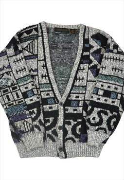 Vintage Knitted Cardigan Retro Pattern Grey Ladies Small