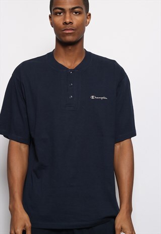 VINTAGE CHAMPION 1/4 BUTTON LOGO T-SHIRT NAVY BLUE