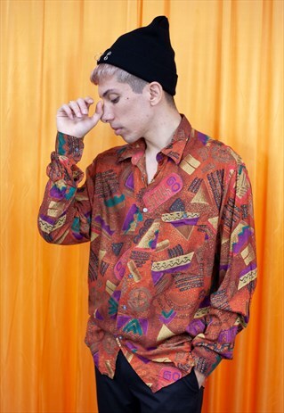 VINTAGE 90S SHIRT BROWN RED BLACK GEOMETRIC LONG SLEEVED